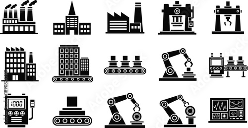 Industrial factory and automation icon set with manufacturing machines, robotic arms, conveyor systems, production technology, smart industry illustration