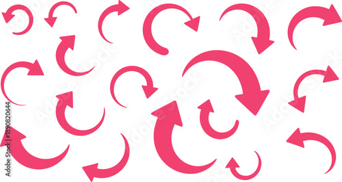 Vector illustration of pink and red curved arrows in varied styles and directions on white background