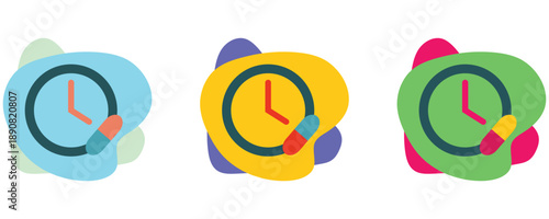 Time to take medicine icon vector set, medicine and clock concept, time to take pills and capsules flat vector illustration isolated on white background.
