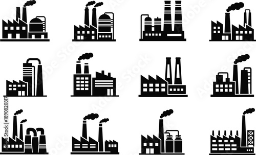 Industrial factory icon set with manufacturing plants, smokestacks, refinery buildings, energy production silhouettes, industrial infrastructure illustration collection