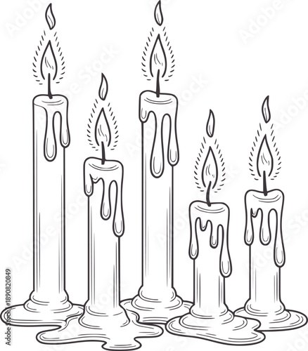 Five melting black and line candles with flames fire