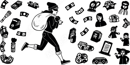 Flat design side view of masked thief running with large sack full of stolen money and valuables in black outfit
