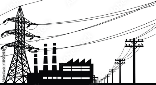 Electric power generation plant with high voltage transmission lines, industrial factory silhouette, energy infrastructure, electricity distribution network system grid concept