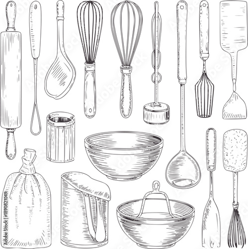 Monochrome Line of Assorted Vintage Kitchen Utensils and Baking Tools
