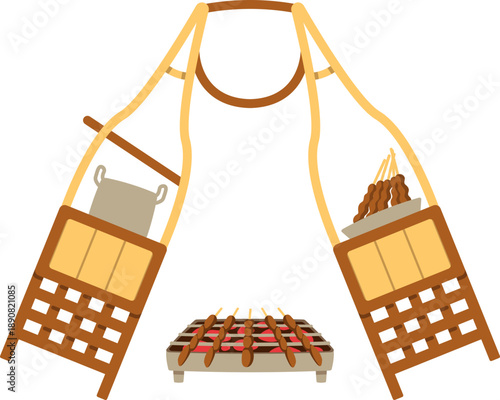 Gerobak Sate Pikul dengan Peralatan Masak dan Panci