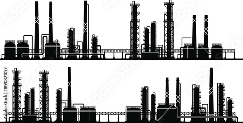 Industrial refinery plant silhouette with oil gas processing towers, factory pipelines, petrochemical infrastructure, energy production facility illustration concept
