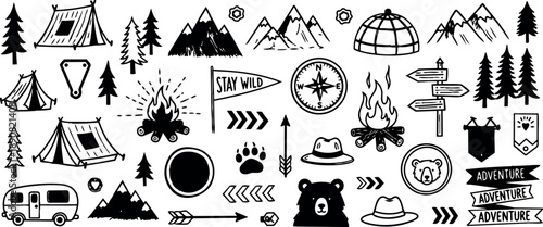 Hand drawn flat design camping symbols with bear heads tents campfire mountains pine trees and adventure flags in black ink style
