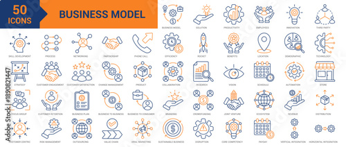 Business Model colored line icon collection set. Containing solution, productivity, employee, innovation, third party, skill development, strategy, focus group, customer-centric, research icons