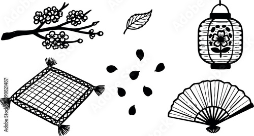 Hand drawn sumi e style cherry blossom branch with falling petals, decorative lantern, folding fan, and woven mat elements
