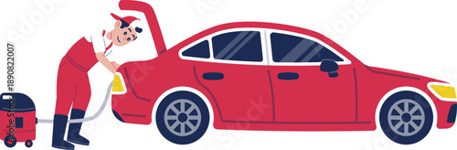 Mechanic Character Vacuuming Car Trunk the Interior of a Red Car