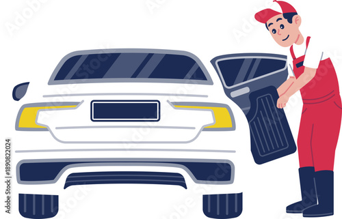 Mechanic Man Character in Red Overalls Holding a Car Mat for Maintenance