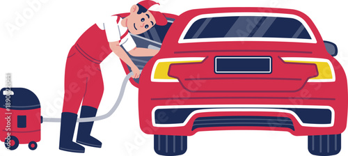 Man Character Cleaning Car Interior With Vacuum Cleaner