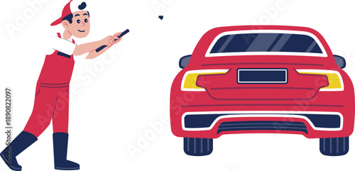 Man Character in Red Overalls Washing a Red Car