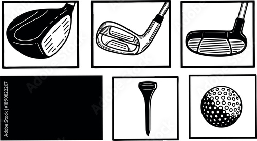 Black and white flat design detailed vector icons of golf clubs driver iron putter tee and dimpled golf ball isolated