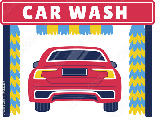 Red car being washed in a car wash