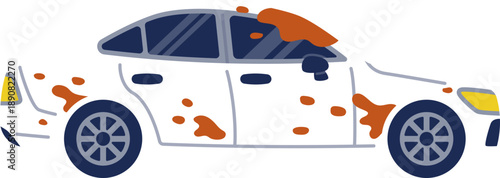 Dirty White Car with Orange Stain Spots Needs Cleaning