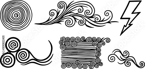 Line art ornamental swirl vector set with decorative flourishes, spiral frames, lightning bolt and hand drawn ink style elements collection