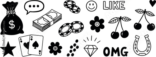 Black and white hand drawn icons money bag stacks of cash poker chips playing cards diamonds cherries horseshoe gambling symbols vector art