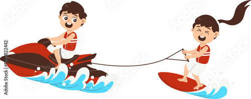 Water sport activity man ride fast boat with woman water skiing