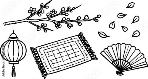 Hand drawn black ink cherry blossom branch lantern fan and rug with falling leaves minimalistic line art vector illustration
