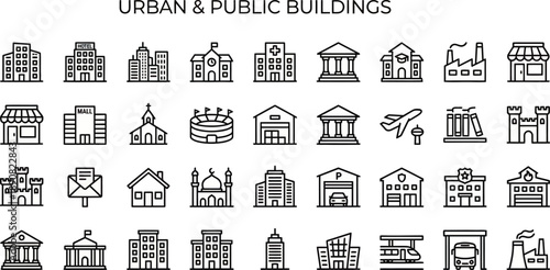 Urban and Public Building Line Icons – City Infrastructure Architecture Systems