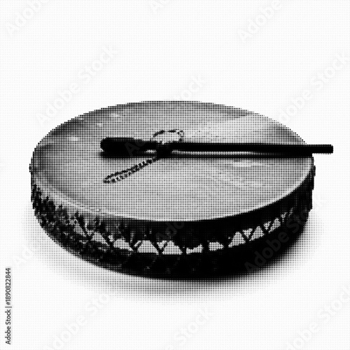 Traditional Inuit Frame Drum and Mallet Illustration Black and White Halftone Dotted Arctic Percussion Instrument, Indigenous Cultural Music Icon Isolated