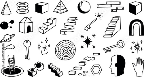 Black and white line art vector collection of abstract geometric shapes floating keys spirals stairs and cosmic symbols arranged evenly on creamy background