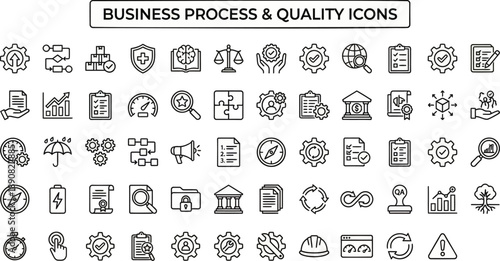 Business Process and Quality Line Icons – Workflow Performance Optimization Systems