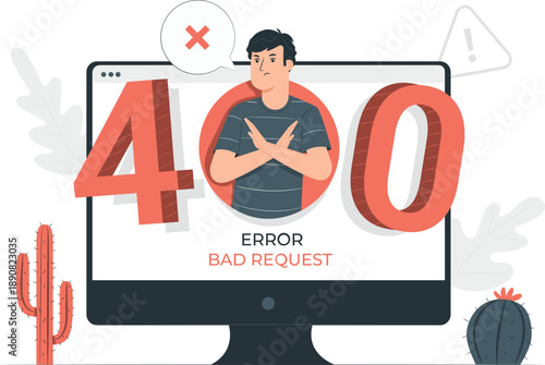 A frustrated man views error message on computer screen displaying bad request 400 in a modern workspace