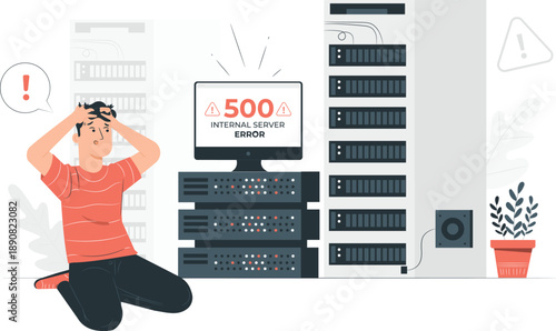 A person experiencing frustration sitting next to a server rack showing an error message on the screen in an office environment from a side viewpoint illustration