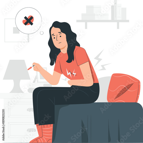 A young woman sitting on a bed, experiencing stress and anxiety, in a cluttered bedroom with a thought bubble indicating negative thoughts