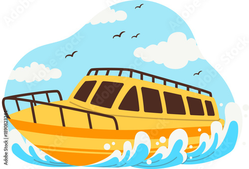 Cute cartoon yellow fast boat for water sport activity