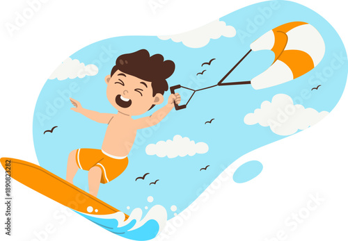 Water sport activity man kiteboarding with surf board and kite