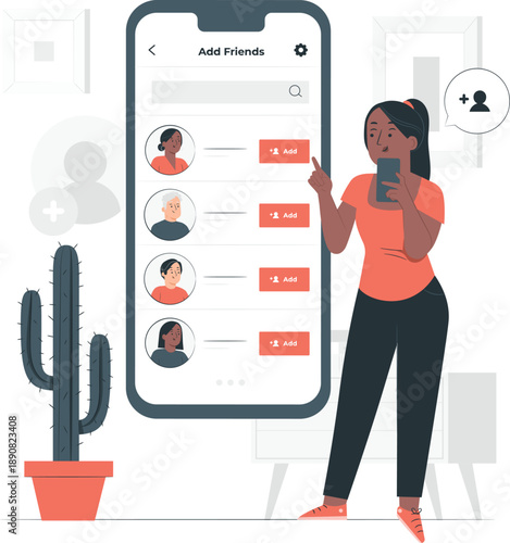 Woman interacting with a large smartphone displaying a social media friend request interface in a modern setting