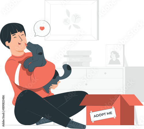 Woman happily adopting a black cat from a cardboard box at home with a thought bubble showing love