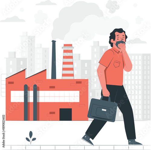 Man walking past industrial factory with briefcase on a city street