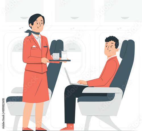 Flight attendant serving a passenger on an airplane with a beverage while a man works on his laptop