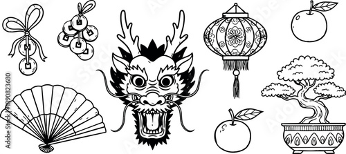 Black line art illustration set of chinese dragon head lantern bonsai fan orange coins and coin pouch traditional symbols