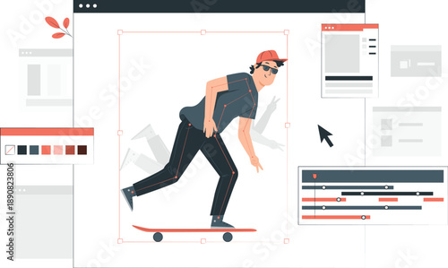 A young man skateboarding dynamically on a red skateboard in an urban environment from a side viewpoint