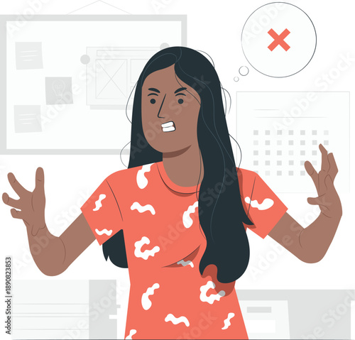 A young woman shrugs with confusion in an office workspace setting viewed directly from the front.