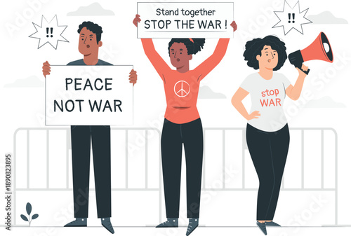 Diverse group of people protesting against war with peace signs and banners in a public demonstration