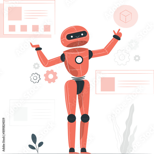 Robot illustration surrounded by graphic design elements and gears in a futuristic environment from a straightforward viewpoint