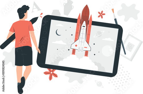 Man walks towards a large tablet displaying a rocket launch into the sky