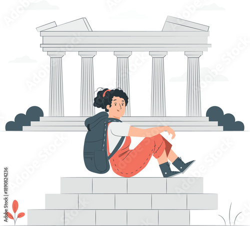A young student sits on steps in front of a damaged ancient Greek temple, looking relaxed with a backpack.