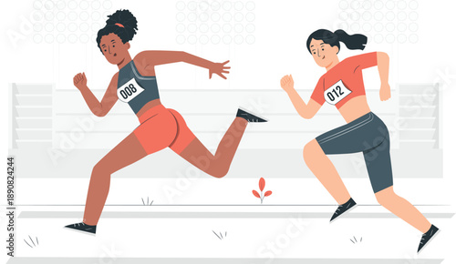 Two female athletes sprinting on a track, captured in a dynamic illustration from a side viewpoint