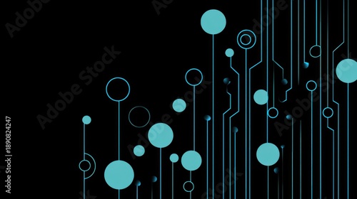 Graphic abstract featuring teal circles and lines against a dark backdrop