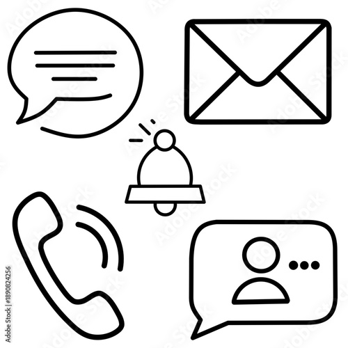 A simple black-and-white line art illustration featuring essential communication symbols