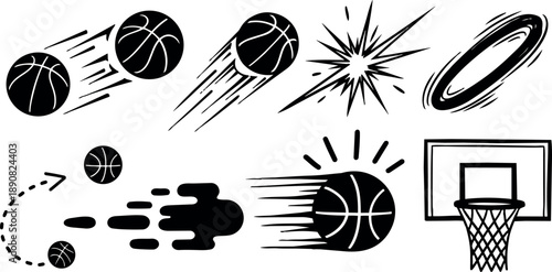 Dynamic black silhouette basketball icons with motion lines exploding effects hoop rim net set flat style vector illustration