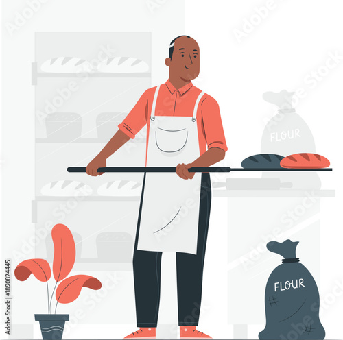 Baker carrying tray of bread in a bakery shop with flour sack nearby