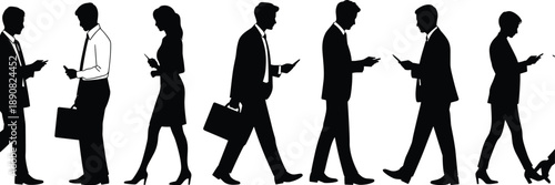 Business professionals walking and checking smartphones silhouette collection showing modern corporate communication, commuting lifestyle and office work vector illustration set
